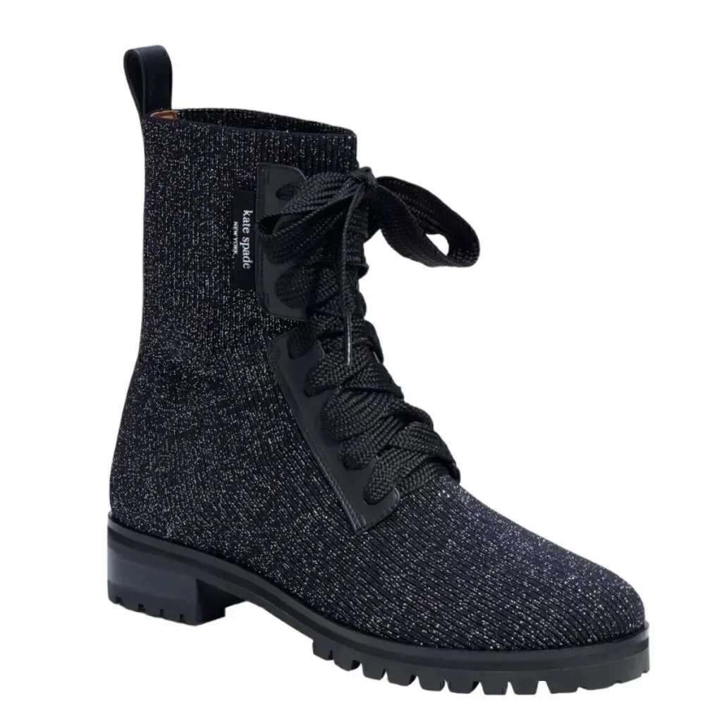 Kate Spade Merigue Knit Combat Boots Black Silver Sparkle Size 7.5